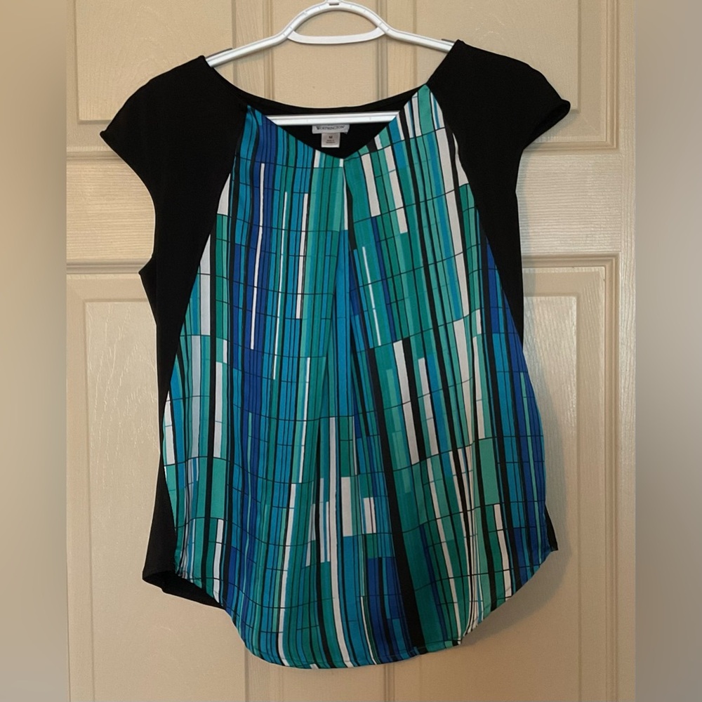 Worthington Women's Size M Blouse Black Blue Teal Geometric Print Cap Sleeve Top